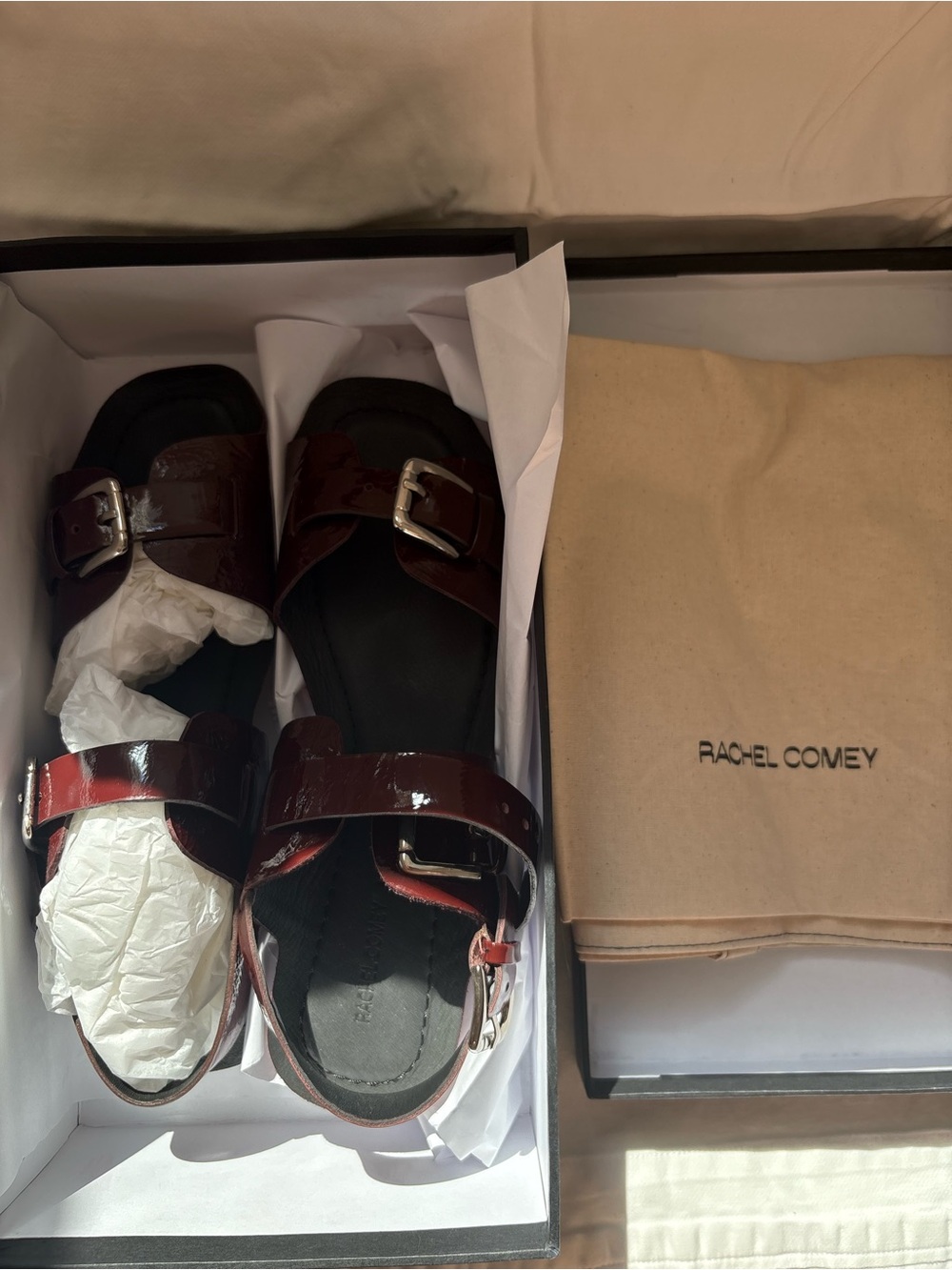 Rachel Comey Richie Women’s Sandal. Burgundy Patent Leather Buckle Sandals
